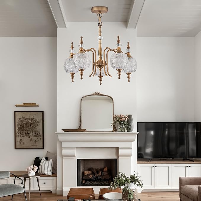 Chandeliers Vintage 5 Lights Brass Glass Pendant Lighting Fixtures Rustic Style Chandelier Matte Brushed Antique Brass Finish with Crystal Glass Shade for Kitchen Island Farmhouse