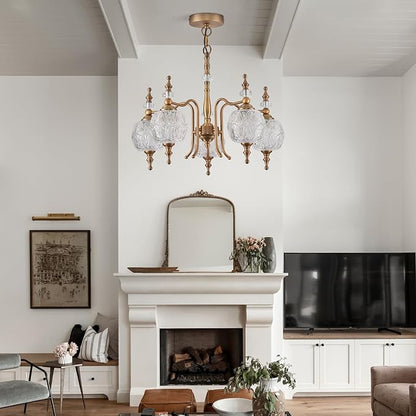 Chandeliers Vintage 5 Lights Brass Glass Pendant Lighting Fixtures Rustic Style Chandelier Matte Brushed Antique Brass Finish with Crystal Glass Shade for Kitchen Island Farmhouse