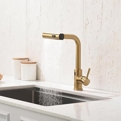 CENOSA Touchless Kitchen Faucet Motion Sensor Hands Free Single Handle Kitchen Sink Faucet with Pull Down Sprayer Brusshed Gold