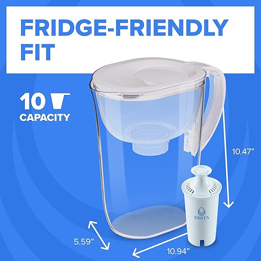 Brita Large 10-Cup Water Filter Pitcher with BritaPlus Filter, WQA NSF/ANSI Certified, Reduces 2X Contaminants vs. Standard, Removes Chlorine Taste & Odor, Reduces Zinc Copper Mercury, Stone Blue