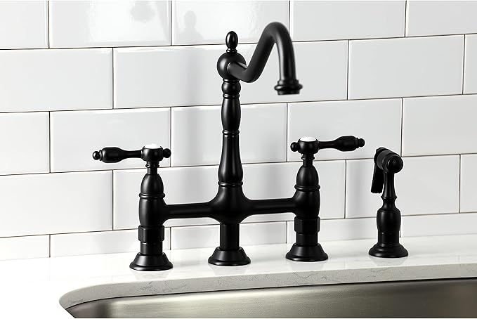 Kingston Brass KS1270TALBS Two-Handle 4-Hole Deck Mount Bridge Kitchen Faucet with Brass Sprayer in Matte Black