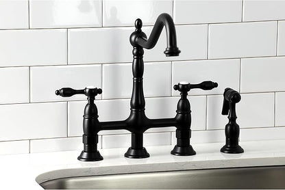Kingston Brass KS1270TALBS Two-Handle 4-Hole Deck Mount Bridge Kitchen Faucet with Brass Sprayer in Matte Black