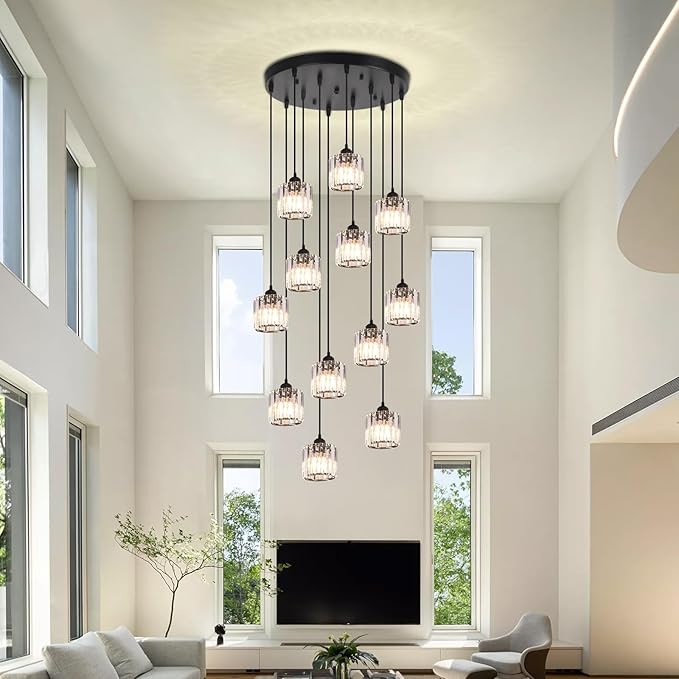 Long Chandeliers for High Ceilings Raindrop Crystal Chandelier for High Ceilings, Modern Staircase Foyer Crystal Pendant Light Raindrop Drop Lamp Chandelier for Entryway 12-Light Black