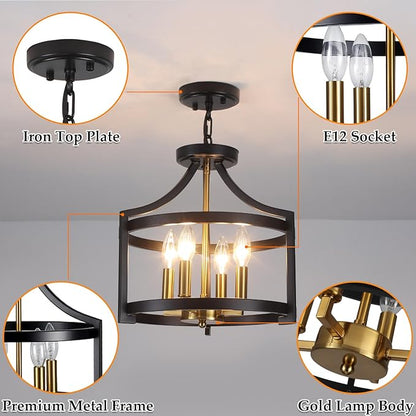 Farmhouse Dining Room Light Fixture,4 Lights Kitchen Chandeliers Over Table Modern Black&Gold Hanging Pendant Lamp Convertible Semi Flush Mount Ceiling Light for Entryway Foyer Island Hallway