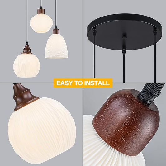 Cluster Pendant Lights for Kitchen Island, 3-Light Pendant Light Fixtures with 3D Printed Ribbed Shade, Adjustable Hanging Pendant Light for Dining Room