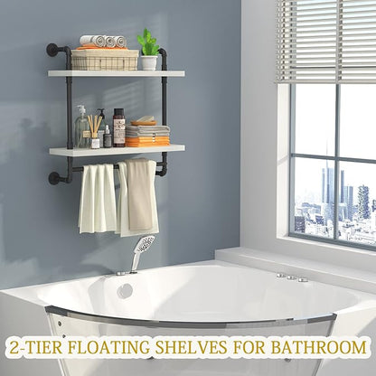Helsin 24inch Industrial Pipe Shelving Bathroom Shelves Wall Mounted with Towel bar, 2 Tier Rustic Wood Floating Shelf, Metal Towel Rack Wall Shelf for Home & Bathroom (White, 24inch)