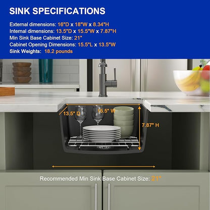 Dcolora Undermount Quartz Composite Prep Sink, 18"x16" Single Bowl Wet Bar Sink, Matte Black Small Kitchen Sink for Island & Bar, Farmhouse Design, #DC-GU7746