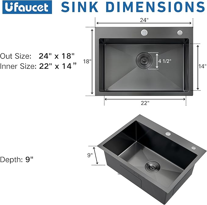 24x18 Gunmetal Black Small Kitchen Sink, Drop In 16 Gauge Stainless Steel Single Bowl Sinks, Topmount Wet Bar RV Prep Utility Sink with Drain