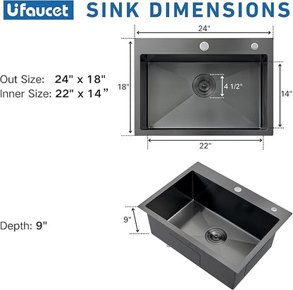 24x18 Gunmetal Black Small Kitchen Sink, Drop In 16 Gauge Stainless Steel Single Bowl Sinks, Topmount Wet Bar RV Prep Utility Sink with Drain