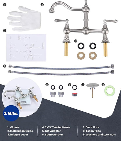 WOWOW Bridge Kitchen Faucet for Sink 2 or 3 Holes, Solid Brass Kitchen Sink Faucet 8-inch Centerset Deck Mount, Brushed Nickel Kitchen Faucet for Sink, RV, Laundry, Bar