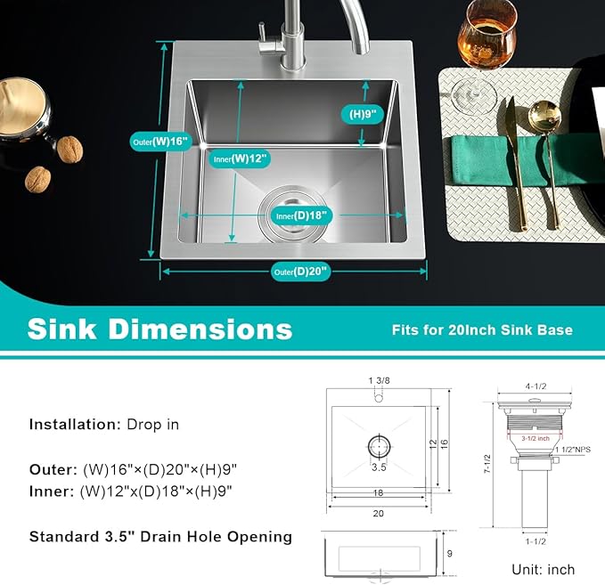 20-inch Drop in Kitchen Sink, TSIBOMU Stainless Steel Single Bowl Small Kitchen Sink Brushed Nickel,D20"xW16"xH9"