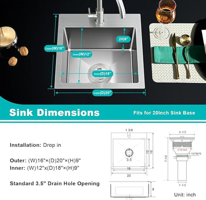 20-inch Drop in Kitchen Sink, TSIBOMU Stainless Steel Single Bowl Small Kitchen Sink Brushed Nickel,D20"xW16"xH9"