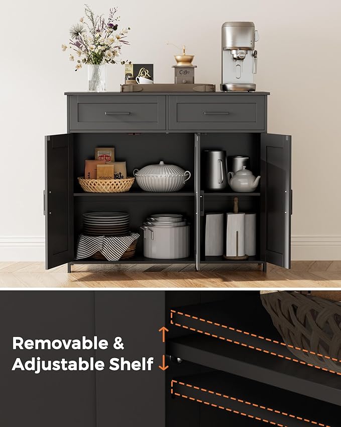 Homhedy Sideboard Buffet Cabinet, Coffee Bar Storage Cabinet with Drawers and Doors, Farmhouse Kitchen Cabinet with Adjustable Shelves, for Kitchen, Dining Room, Living Room, Black