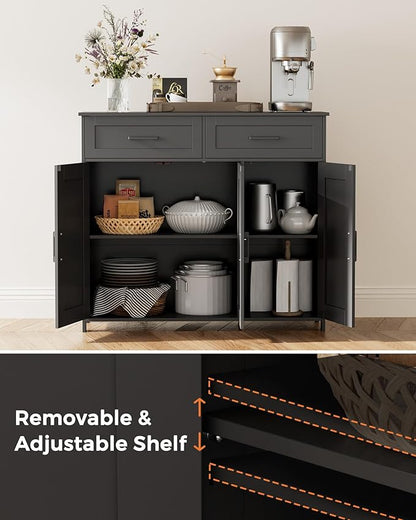 Homhedy Sideboard Buffet Cabinet, Coffee Bar Storage Cabinet with Drawers and Doors, Farmhouse Kitchen Cabinet with Adjustable Shelves, for Kitchen, Dining Room, Living Room, Black