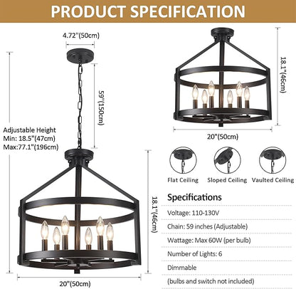 6-Light Large Farmhouse Black Chandelier, 20" Modern Hanging Pendant Lighting, Convertible Semi Flush Mount Ceiling Light Fixture Rustic Vintage Chandeliers for Dining Room Foyer Kitchen Entryway