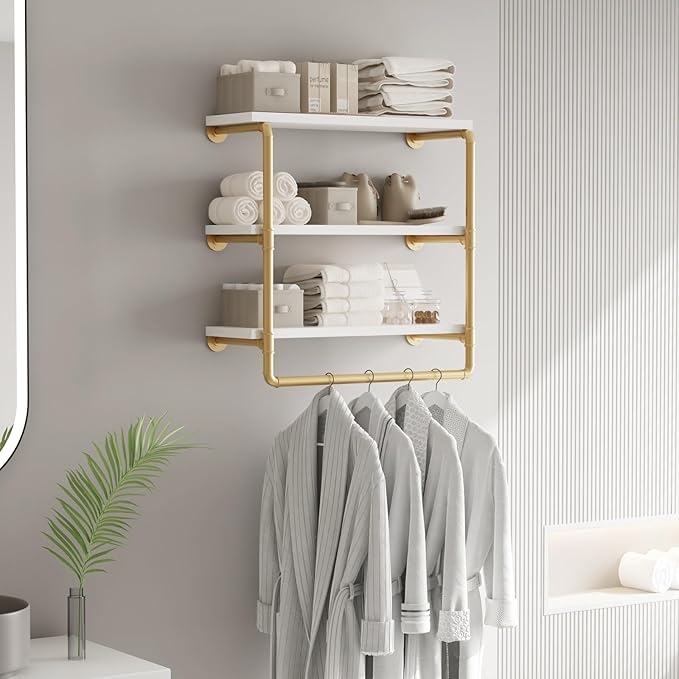 HOMEKAYT 24" Industrial Pipe Shelving, Floating Wall Shelves 3 Tier Gold Shelves with Haning Rod Multiple Use for Kitchen, Bedroom,Living Room,Bathroom