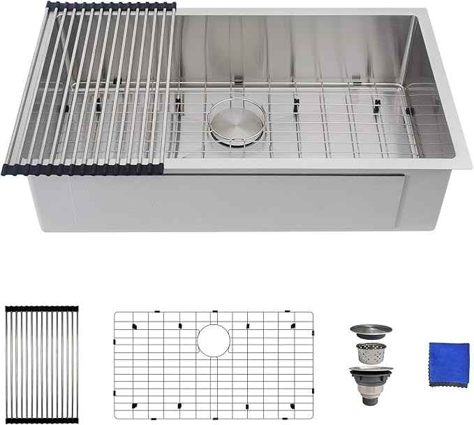 32 Inch Undermount Kitchen Sink - Delironexu 16 Gauge Stainless Steel Kitchen sink Single Bowl, 32''x18'' Undermount Sink with Brushed Finish, Includes 4 Accessories