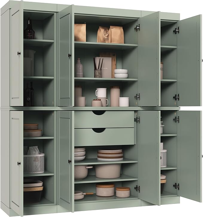 Palace Imports Solid Wood Pantry Cabinet - 71.5" Tall, 65" Wide Freestanding Storage Cabinet with 2-Drawer Kit & Adjustable Shelves – Sage, Renewable Eco-Friendly 100% Wood, Made in Brazil