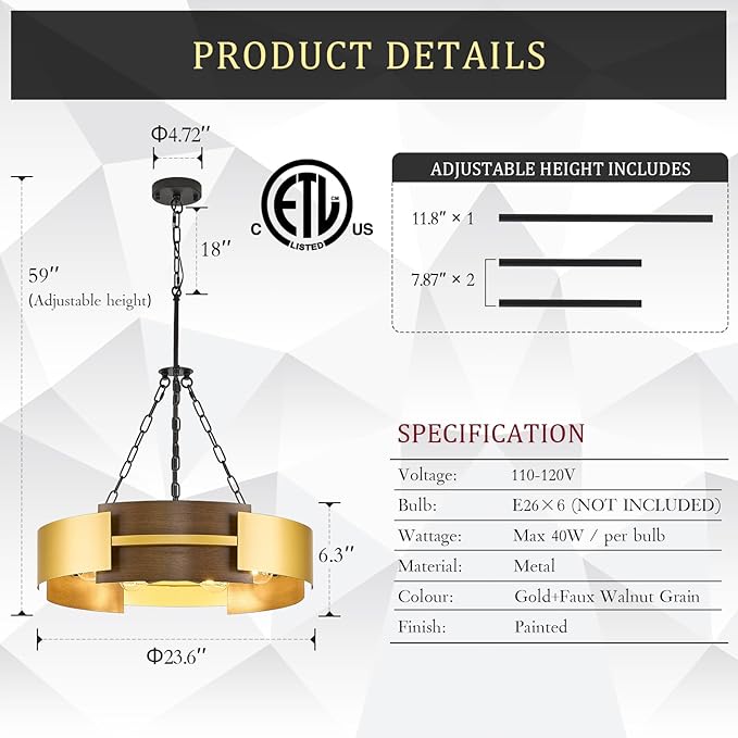 CATINER Modern Industrial Chandelier, Gold Metal 6-Light Drum Hanging Fixture 24" Pendant Lighting for Living Dining Room Foyer Entryway Kitchen, Walnut Grain Finish