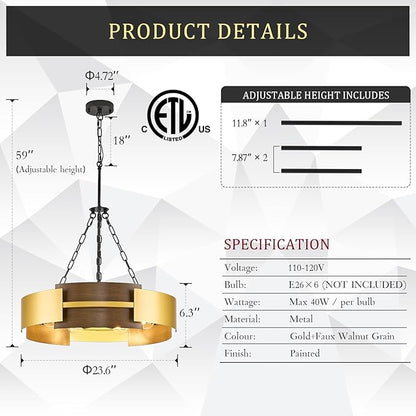 CATINER Modern Industrial Chandelier, Gold Metal 6-Light Drum Hanging Fixture 24" Pendant Lighting for Living Dining Room Foyer Entryway Kitchen, Walnut Grain Finish