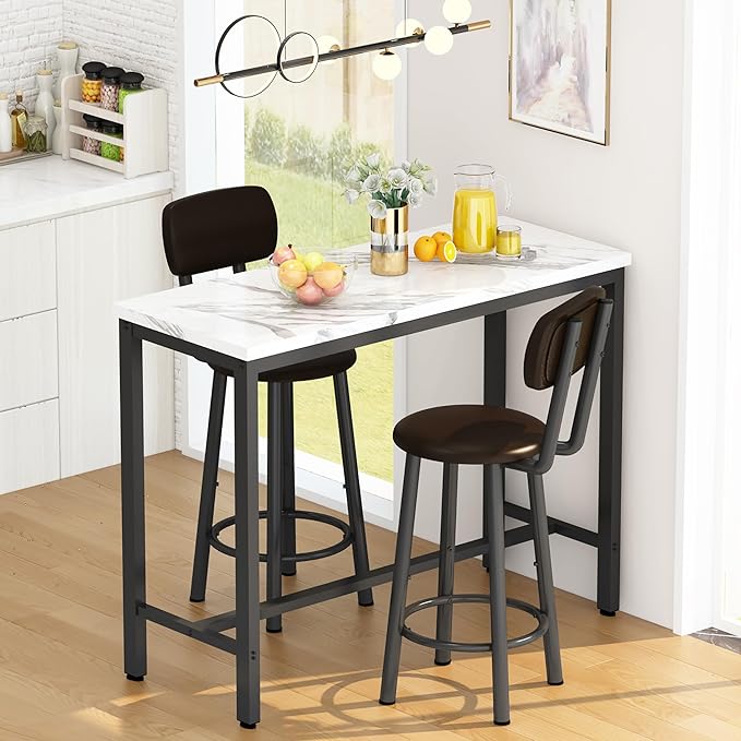 Lamerge Faux Marble Pub Height Table with 2 PU Upholstered Stools,3-Piece Kitchen Table and Chairs,Suit for Dining Room & Living Room & Breakfast Nook,Space Saving Set for 2,White & Brown,39.3"