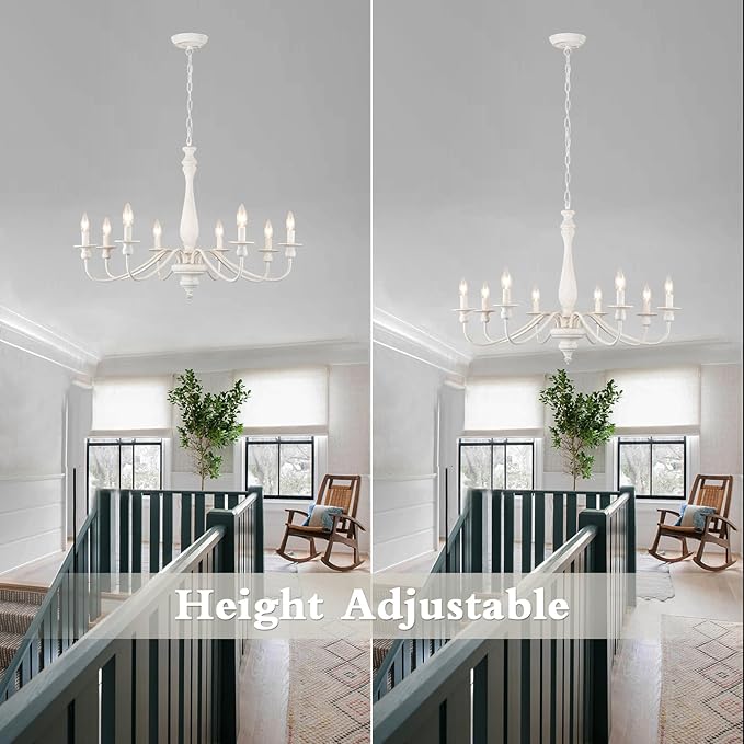 ALISADABOY White Chandelier Farmhouse Antique Chandeliers for Dining Room French Country 8 Light Rustic Entryway Hanging Light Fixture for Kitchen Island Hallway Vintage Pendant Lighting