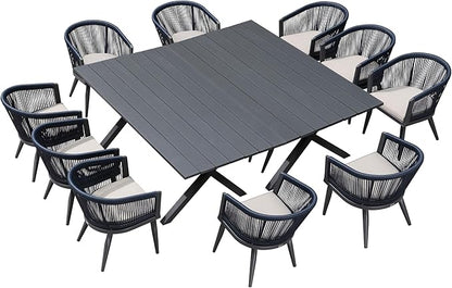 PURPLE LEAF Patio Dining Set for 10 All-Weather Wicker 12 Piece Aluminium Oversized Outdoor Table and Chairs Set Included Cushions for Backyard Kitchen Modern Outdoor Furniture Set Gray and Navy