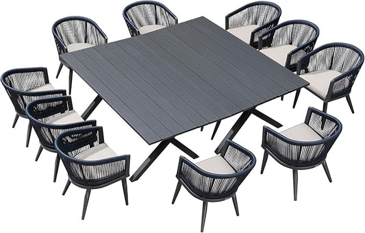 PURPLE LEAF Patio Dining Set for 10 All-Weather Wicker 12 Piece Aluminium Oversized Outdoor Table and Chairs Set Included Cushions for Backyard Kitchen Modern Outdoor Furniture Set Gray and Navy