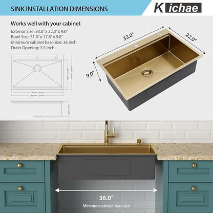 33 Gold Drop In Kitchen Sink - Kichae 33x22 Gold Brushed Stainless Steel Drop Sink 16 Gauge Ledge Workstation Single Bowl Topmount Overmount Handmade Basin with Cutting Board