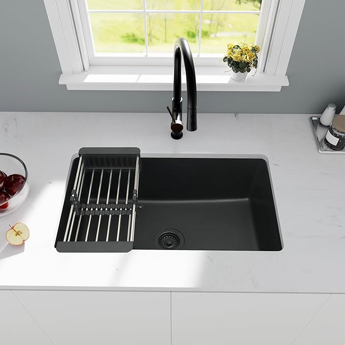 Black Kitchen Sink, Matte Black Granite Composite Kitchen Sinks with Accessories, 30 Inch Undermount Quartz Stone Kitchen Sinks, 30" x 19" x 9" Large and Deep Single Bowl Kitchen Sinks