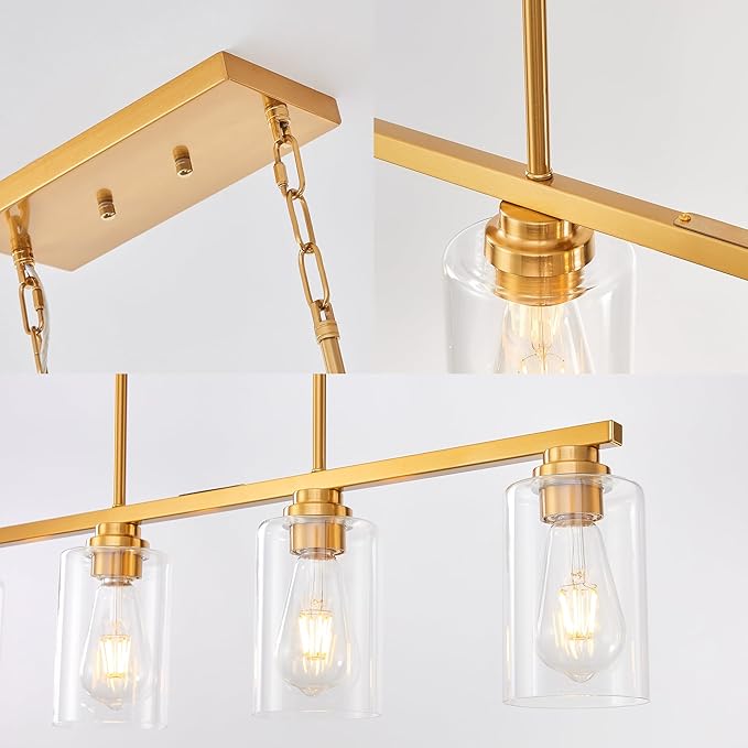 Mecgirn Island Light for Kitchen, Brushed Gold Dining Room Light Fixture Over Table, 5-Light Linear Chandelier Pendant Lighting for Dining Table Kitchen Island Living Room