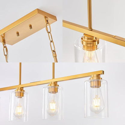 Mecgirn Island Light for Kitchen, Brushed Gold Dining Room Light Fixture Over Table, 5-Light Linear Chandelier Pendant Lighting for Dining Table Kitchen Island Living Room
