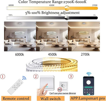Led Ring Crystal Chandelier for Living Room, Modern Dimmable 15.7" Silver Crystal Chandeliers Lighting Adjustable Hanging Pendant Light for Dining Room