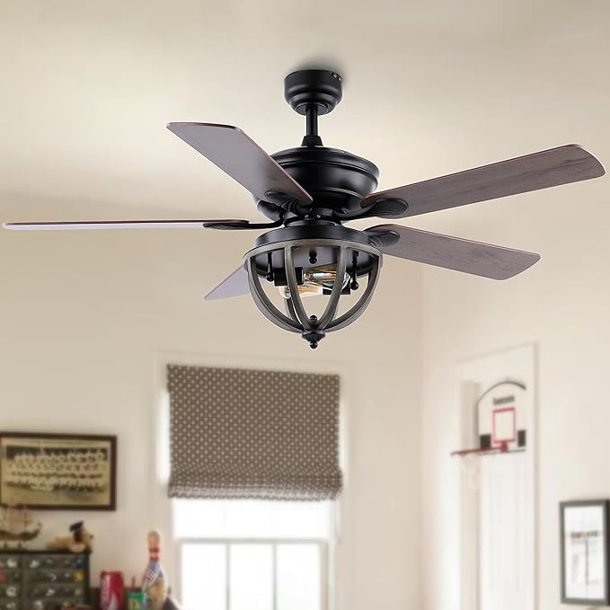 JONATHAN Y 52" Black 2-Light Iron LED Ceiling Fan with Remote, 5 Reversible Ashwood/Coffee Brown Blades, Farmhouse Industrial Metal Dome Shade, ETL Listed, LED Bulbs Included JYL9613A