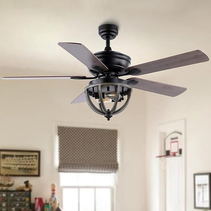 JONATHAN Y 52" Black 2-Light Iron LED Ceiling Fan with Remote, 5 Reversible Ashwood/Coffee Brown Blades, Farmhouse Industrial Metal Dome Shade, ETL Listed, LED Bulbs Included JYL9613A