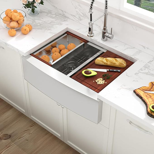 Sarlai 30 Farmhouse Sink Stainless Steel Double Bowl - 30 x 22 inch Apron Front Kitchen Sink Ledge Workstation Double Basin16 Gauge Farmer Style Low Divided Kitchen Farm Sinks 50/50