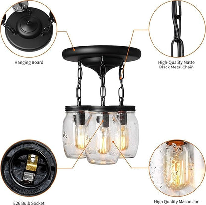 Mason Jar Light Fixtures, 3-Light Glass Mason Jar Pendant Lighting for Kitchen Island Farmhouse Close to Ceiling Kitchen Light Over Sink Barn Dining Room Chandelier Hallway Stairway