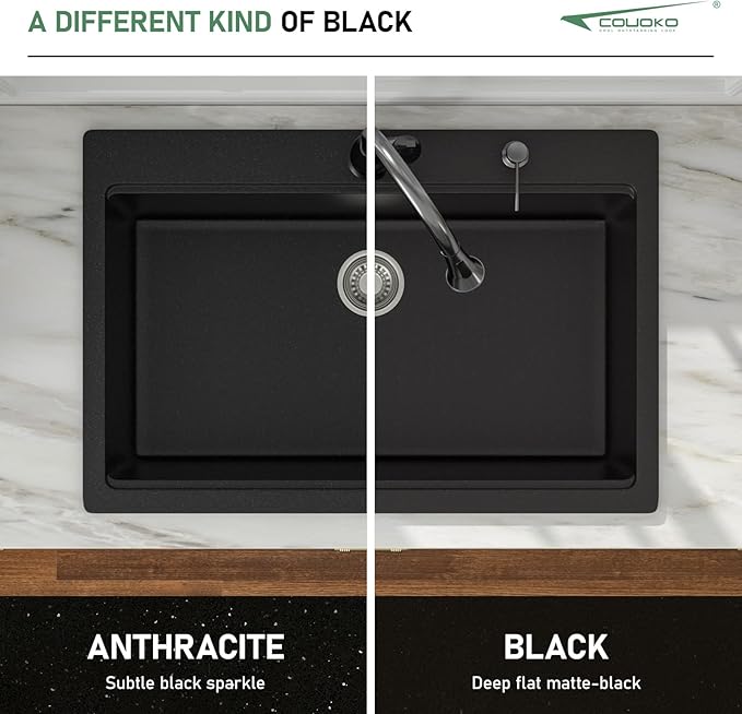 33x22 Black Drop in Kitchen Sink Workstation - Couoko Matte Black Quartz Granite Composite Single Bowl Drop In Sinks Large Deep Classic Topmount Sink Basin with Luxury Accessories