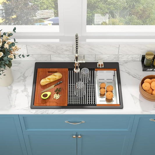 Sarlai 33 Granite Composite Kitchen Sink Double Bowl - 33"x22" Black Granite Kitchen Sink Drop In Ledge Workstation Double Bowl 60/40 Low Divided Quartz Composite Above Counter