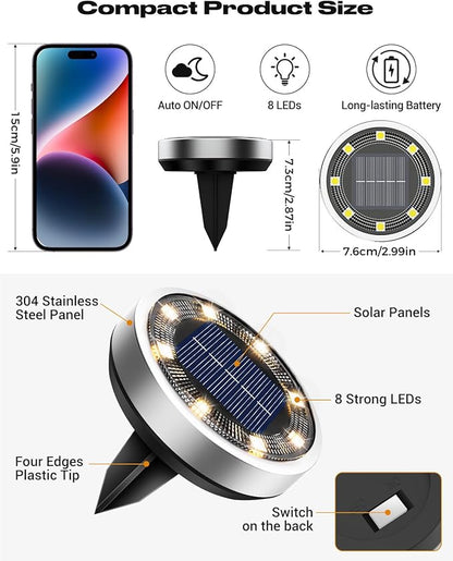 btfarm 24 Pack Solar Lights Outdoor, 8 LED Solar Ground Lights IP65 Waterproof Flat Solar Disc Light, Pathway Lights for Garden Lawn Patio Yard Path Landscape, Warm White