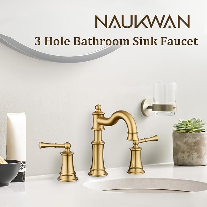 Bathroom Sink Faucet, Brushed Gold Roman Stlye Rotated Spout Vanity Basin Faucets 3 Holes 2 Handles 8 inches Widespread Deck Mount Brass Faucet for Sink with Overflow Pop Up Drain NL2204-BG