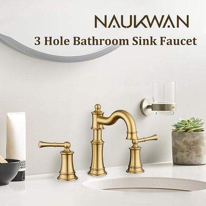 Bathroom Sink Faucet, Brushed Gold Roman Stlye Rotated Spout Vanity Basin Faucets 3 Holes 2 Handles 8 inches Widespread Deck Mount Brass Faucet for Sink with Overflow Pop Up Drain NL2204-BG