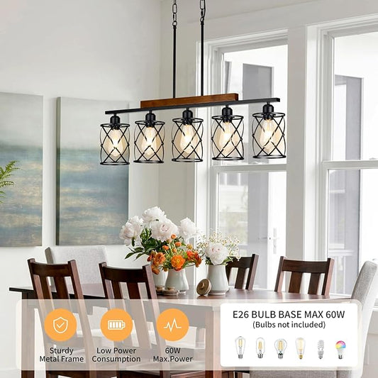 Farmhouse Dining Room Light Fixture: Modern 5-Light Kitchen Island Hanging Lighting with Metal Lampshade, Matte Black Industrial Linear Chandelier Over Table
