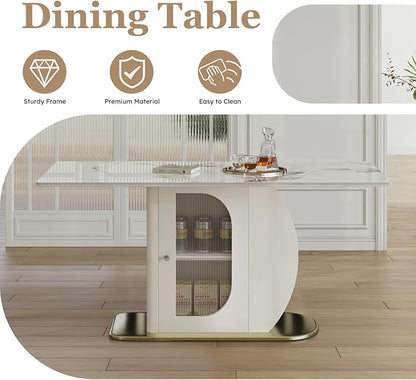 63" Modern Dining Table for 4-6 People - White Sintered Stone with Storage Shelf & Acrylic Cabinet