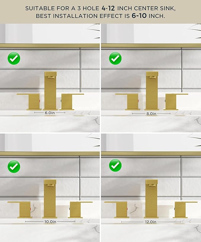 QFN Lead-Free Gold Bathroom Faucet 3 Hole, Square Bathroom Sink Faucet 8 Inch Widespread, 2 Handle for 4"-12" Vanity Sink with Metal Pop Up Drain and 24" cUPC Supply Hoses