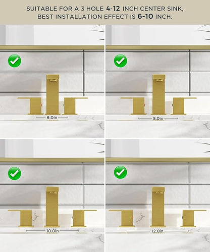QFN Lead-Free Gold Bathroom Faucet 3 Hole, Square Bathroom Sink Faucet 8 Inch Widespread, 2 Handle for 4"-12" Vanity Sink with Metal Pop Up Drain and 24" cUPC Supply Hoses