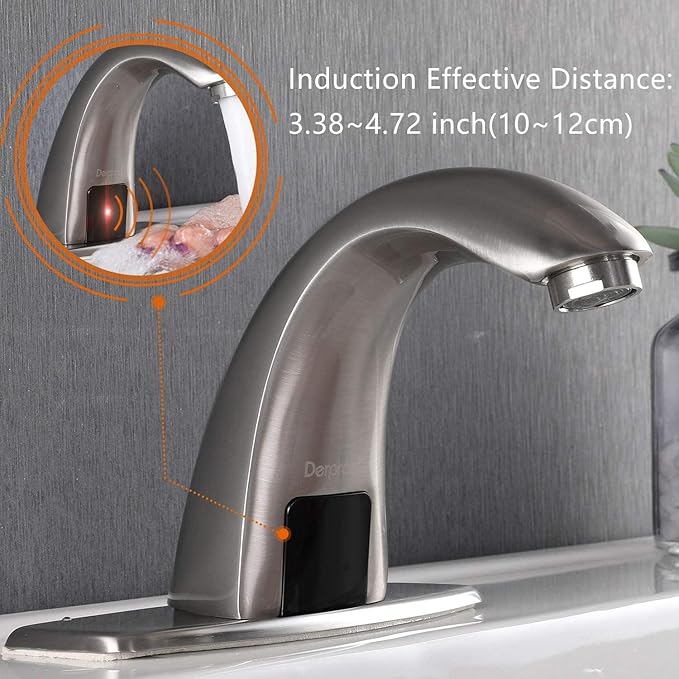 Touchless Bathroom Faucet with Automatic Sensor Function, Bathroom Sink Faucet with Hole Cover Plate, Brushed Nickel