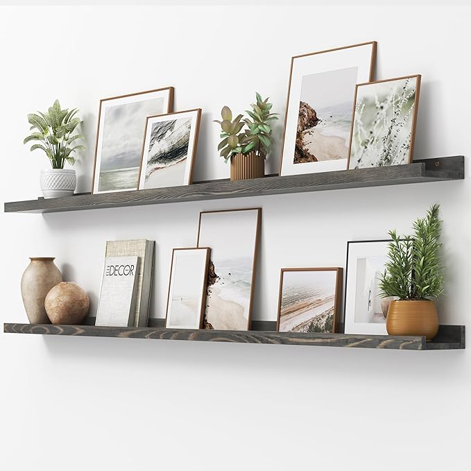 FLYJOE Picture Ledge Shelf, Floating Shelves Set of 2, Solid Pine Wood 72'' Long Large Nursery Book Shelves for Toys Storage, Kids Bookshelf for Living Room Bedroom Decor Books Photo Frames, Grey