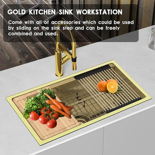 Gold Kitchen Sink Workstation, 32"x 18" Stainless Steel Single Bowl Kitchen Sink Workstation Undermount Or Top mount Workstation Sink With Matching Gold-tone Accessories For Luxurious Modern Kitchen