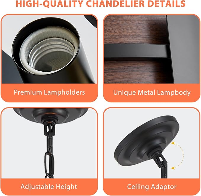 Modern Farmhouse Chandelier 26" Industrial Drum Pendant Lighting Fixture 5-Light Black Walnut Grain Finish for Dining Room Kitchen Island Office Living Room